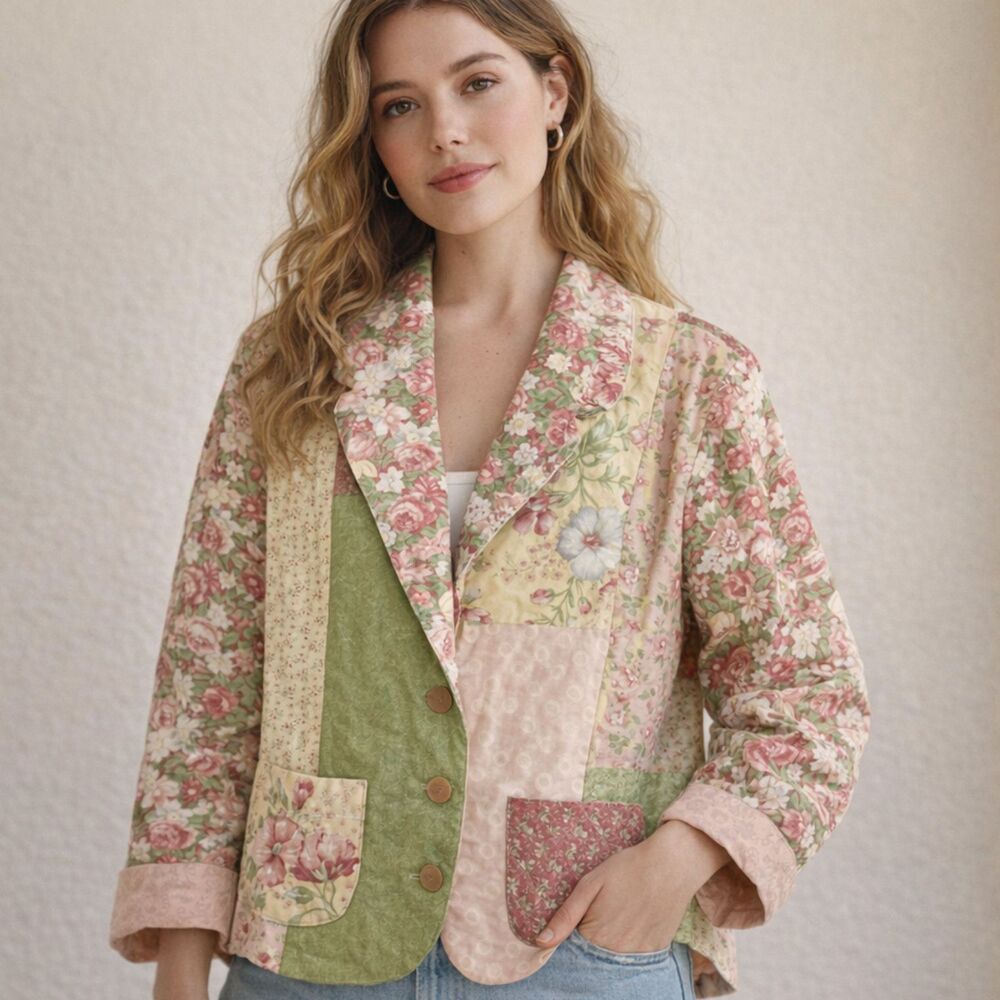 Handmade Patchwork Quilt Jacket Womens Sz M Pastel Floral Pockets Cottagecore